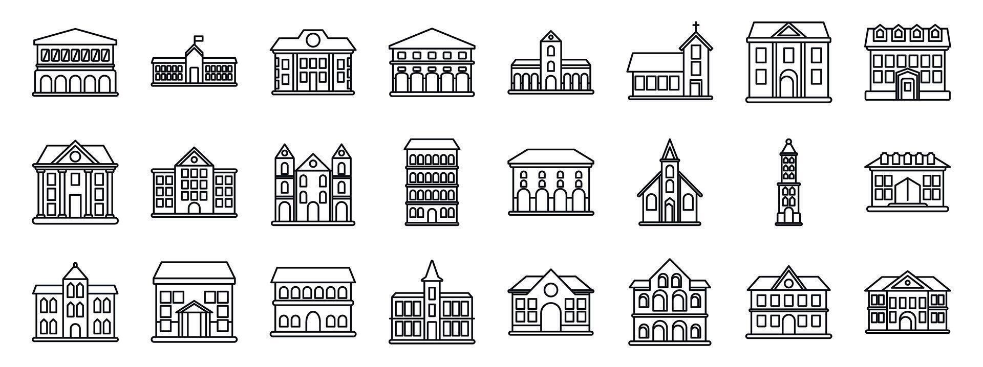 Colonial style building icons set. Municipal buildings representing government, education, and religious institutions vector