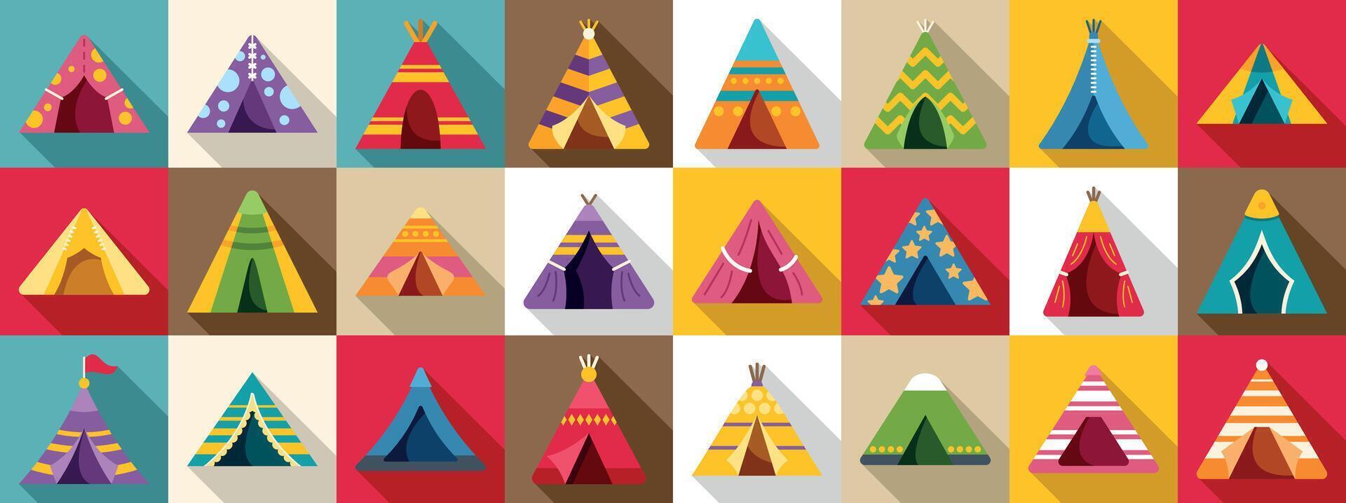 Teepee tent icons set. Colorful teepee tent icons showing camping and native american culture vector