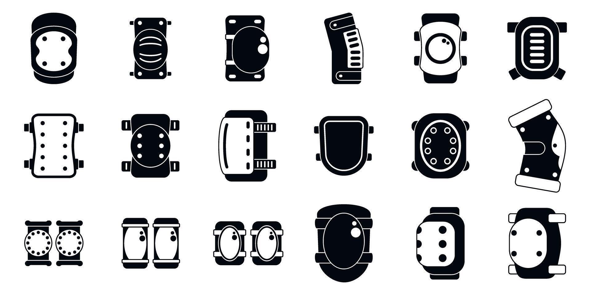 Knee pads icons set. Collection of various protective gear designs vector