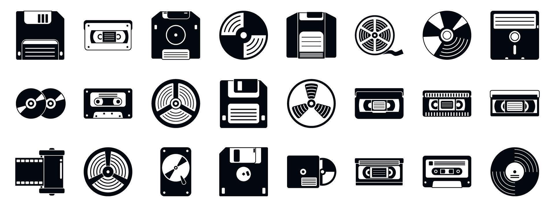 Retro media storage icons set. Retro data storage icons showing floppy disks, cassettes, vhs and vinyl records vector