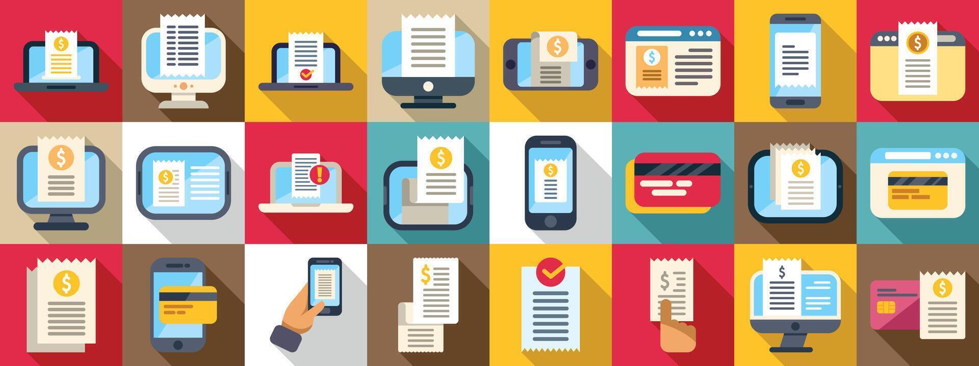 Internet invoicing icons set. Online payment, electronic bill, digital receipt icons showing mobile, computer, and website transactions vector