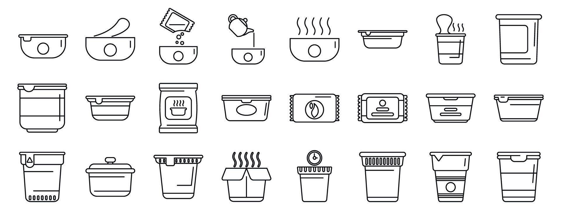 Instant soup icons set. Instant food preparation icons showing various methods and containers for quick meals vector