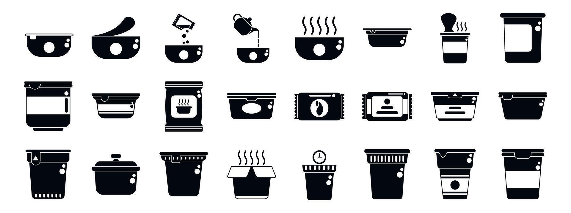 Instant soup icons set. Preparing instant noodles, pouring hot water, adding spices, and enjoying a quick meal vector