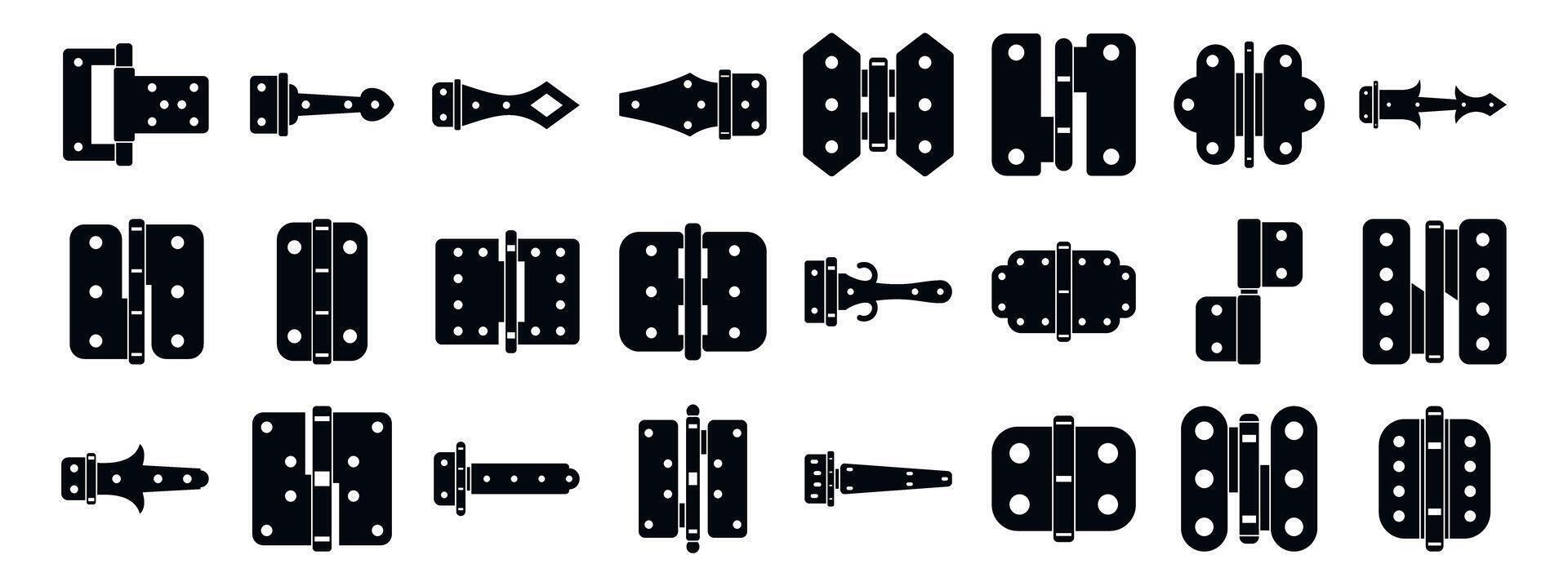 Door hinges icons set. Door hinge icons showing different styles and designs for various applications vector