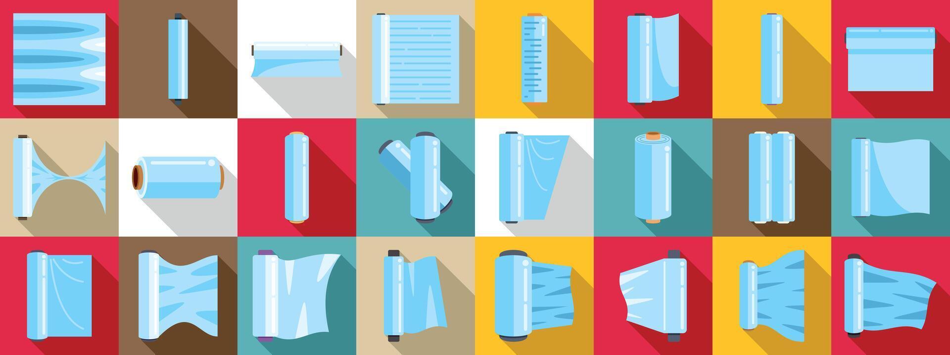 Cellophane stretch film icons set. Stretch film icons set showing different types of plastic wrap vector