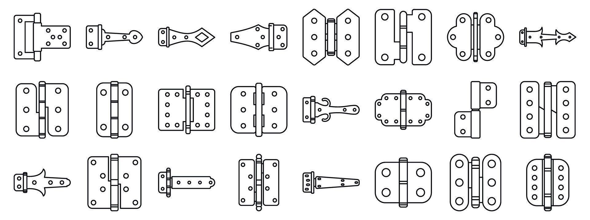 Door hinges icons set. Door hinges connecting metal plates allowing rotation providing support vector