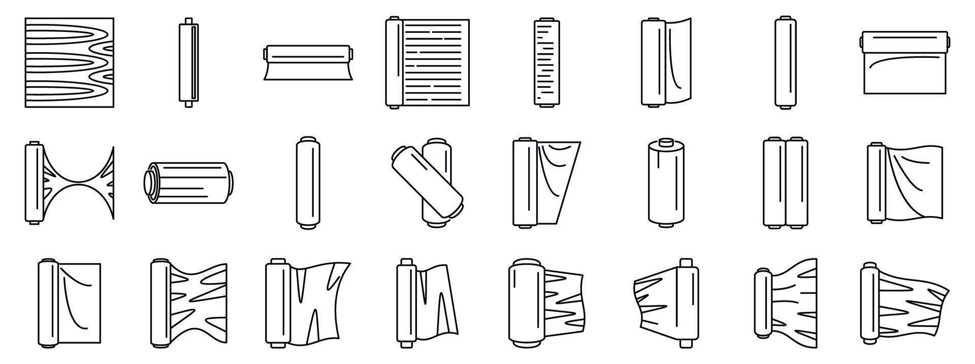 Cellophane stretch film icons set. Rolls of different materials displaying various textures and uses vector
