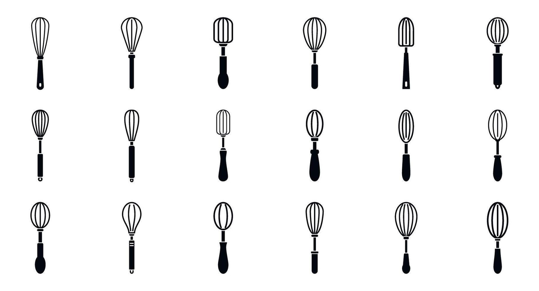 Baking whisk icons set. Set of whisk icons showing different kitchen utensils for mixing and blending ingredients vector