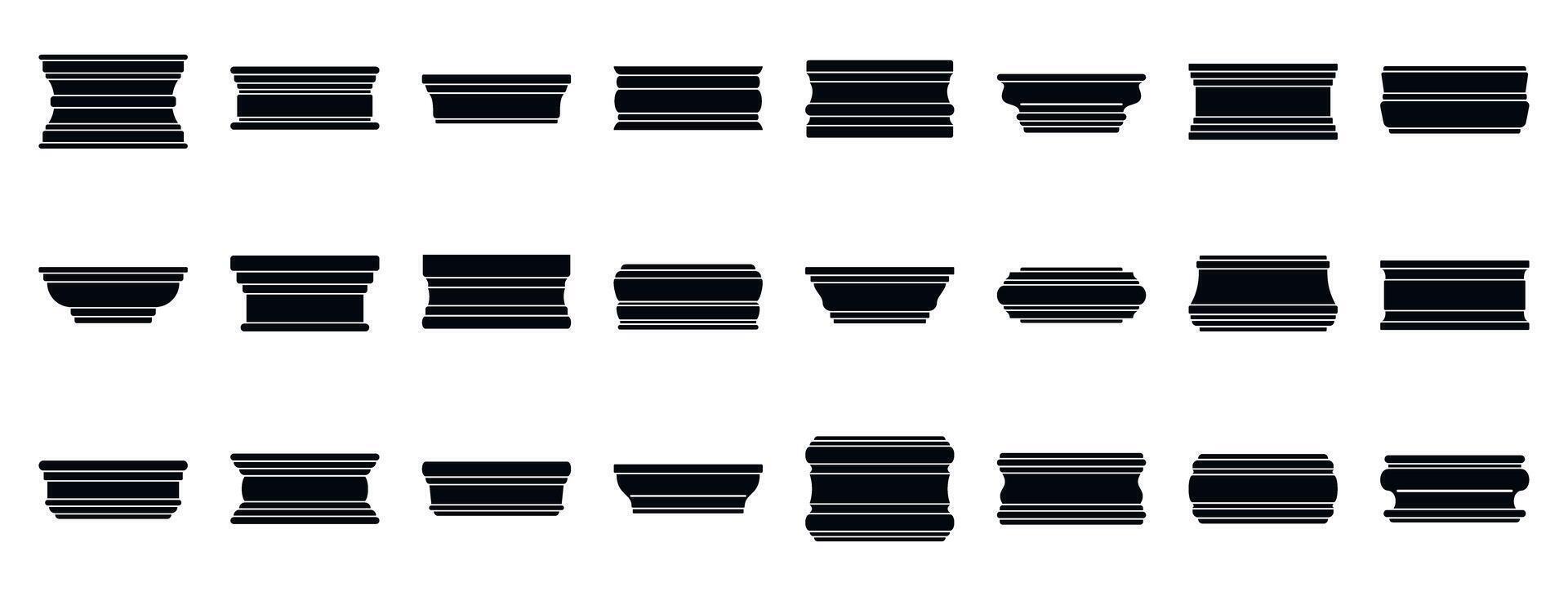 Baseboard molding icons set. Different architectural column bases showing variety of styles and shapes for construction projects vector