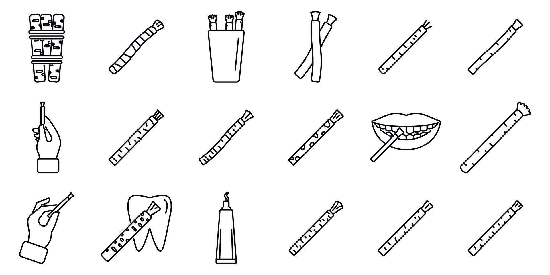 Miswak icons set. Miswak sticks for teeth cleaning and oral hygiene, various representations of traditional tool vector