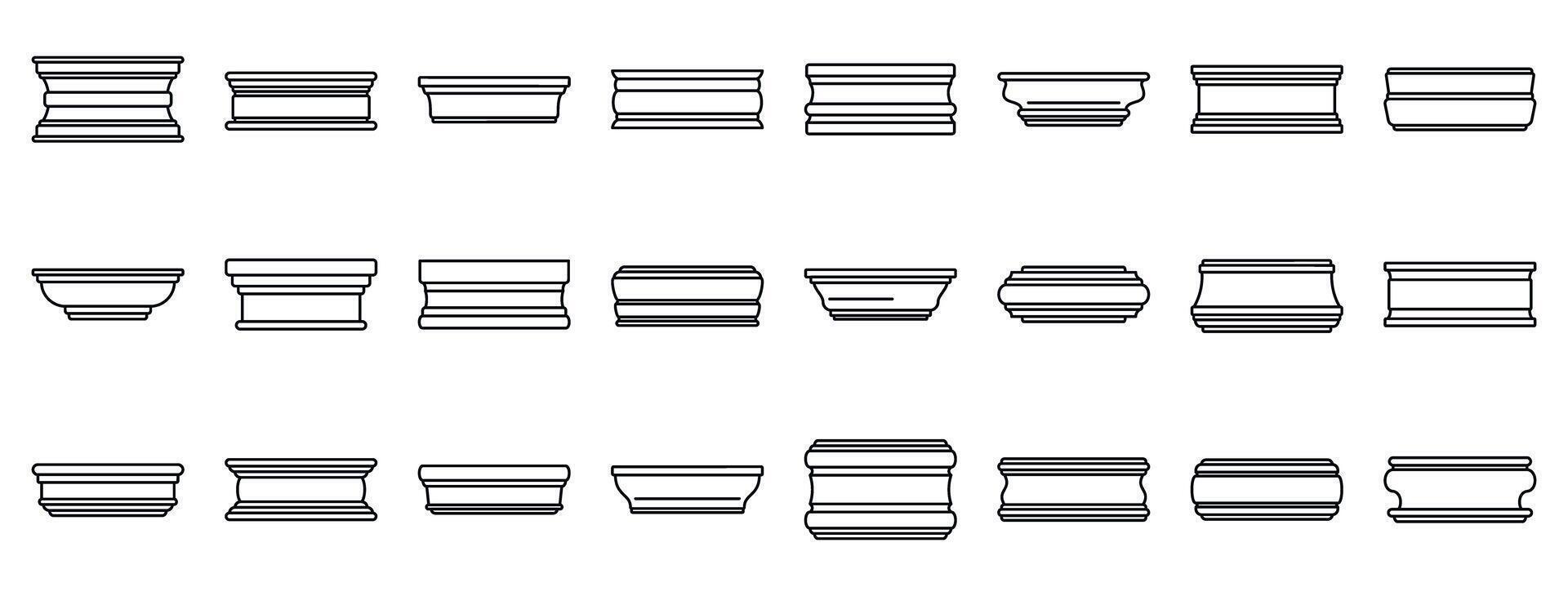Baseboard molding icons set. Column bases showing different architectural styles for building construction vector