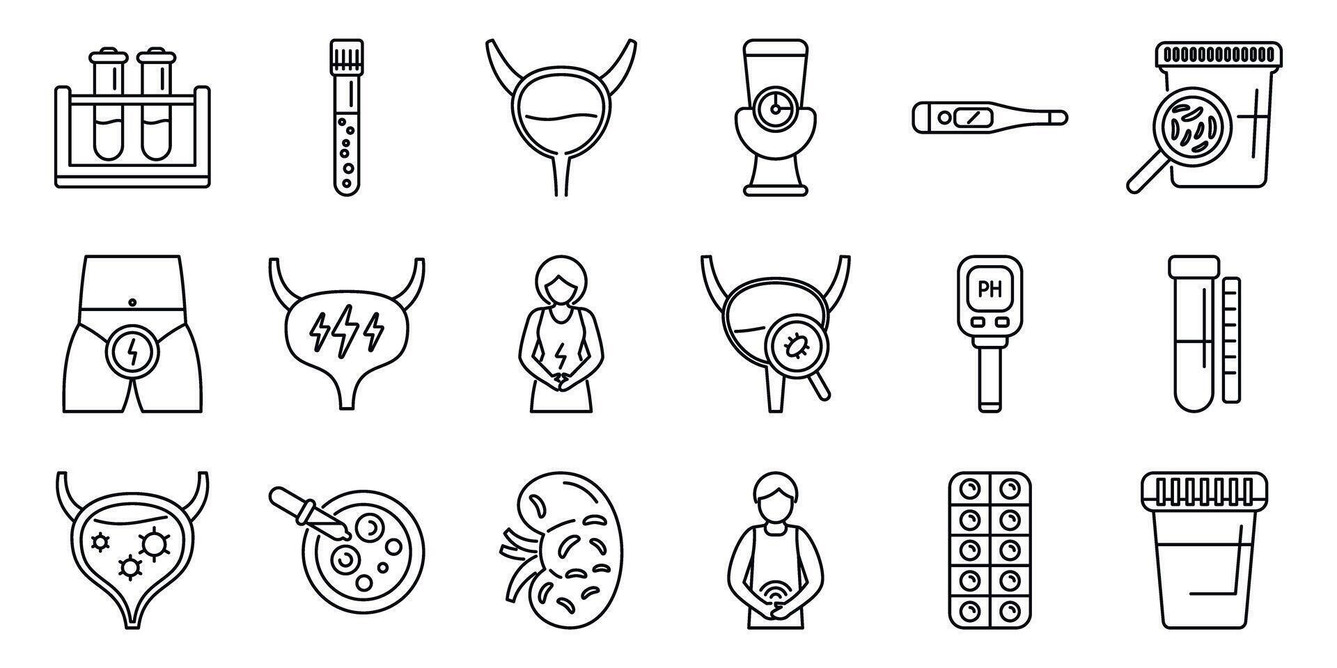 Urinary tract infection icons set. Urology and nephrology icons showing diagnosing and treating urinary system diseases vector