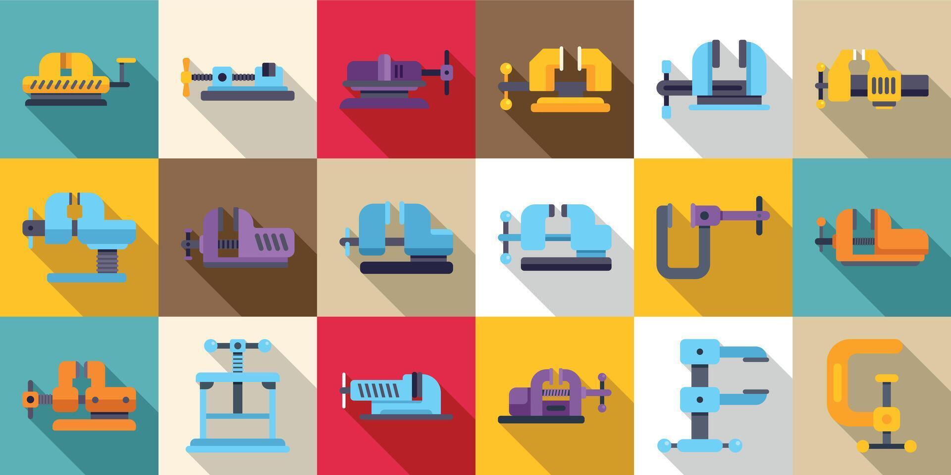Machine vice icons set. Vise grip collection, sixteen colorful bench vises for secure holding vector