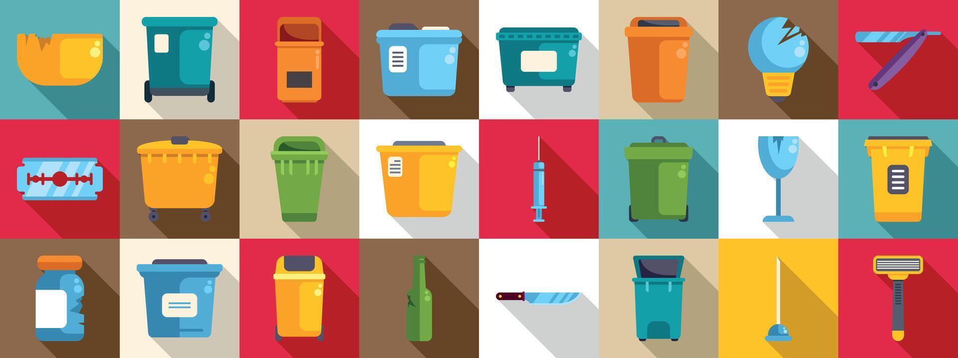 Sharps container icons set. Waste sorting bins and hazardous waste icons showing correct disposal methods vector