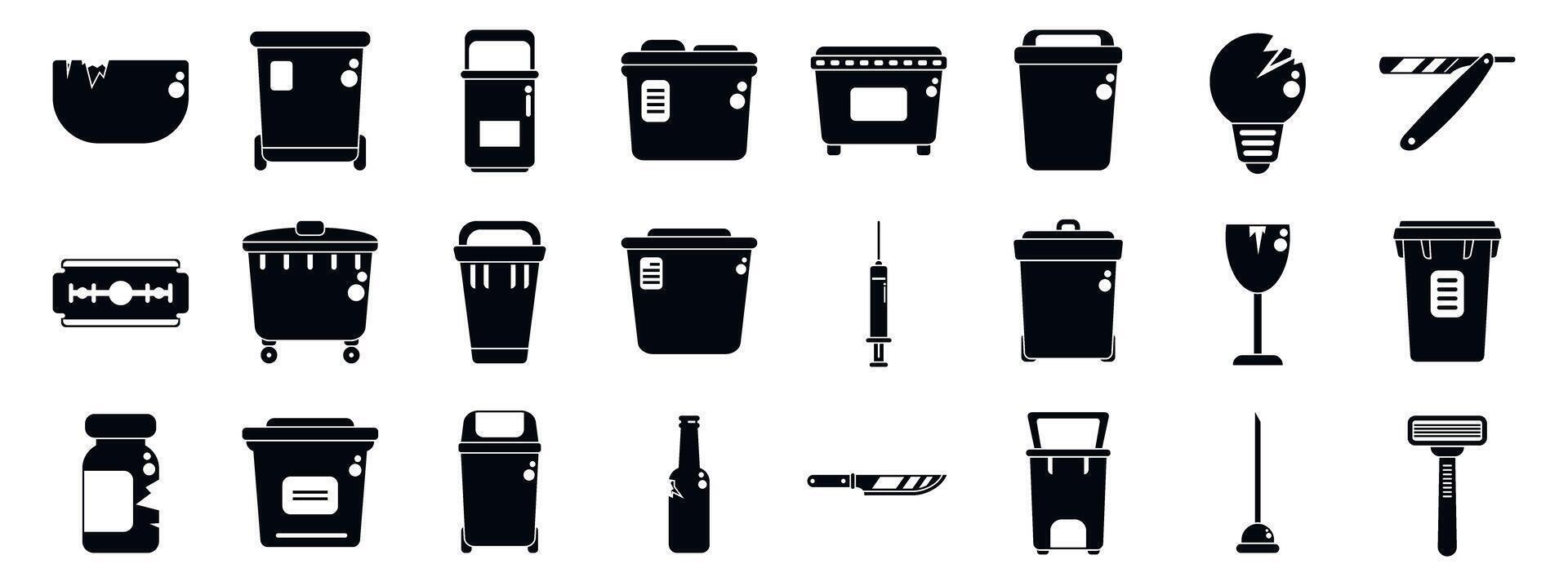 Sharps container icons set. Collection of various waste disposal icons in black vector