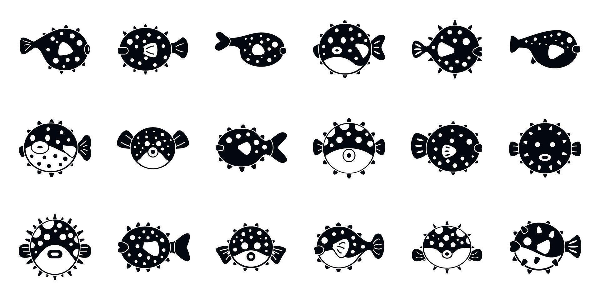 Puffer fish icons set. Pufferfish icons set swimming in different positions vector