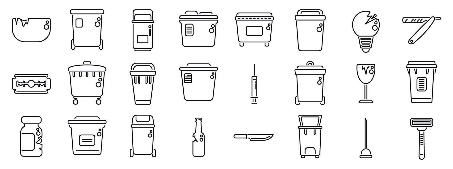 Sharps container icons set. Hazardous waste icons representing correct disposal methods for various materials vector