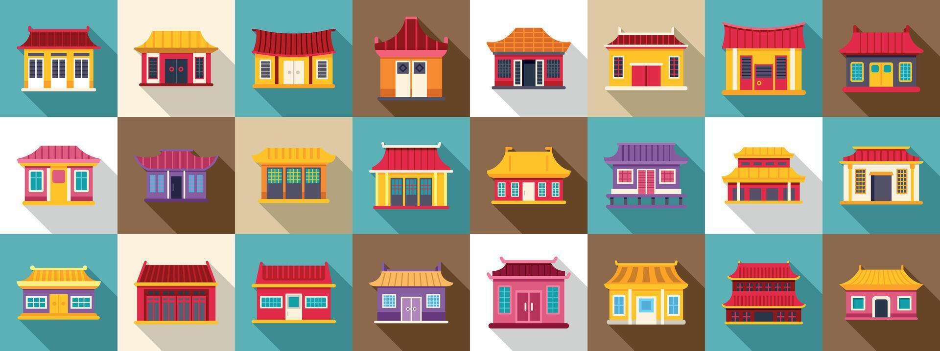 Traditional chinese house icons set. Colorful traditional asian buildings in flat design vector