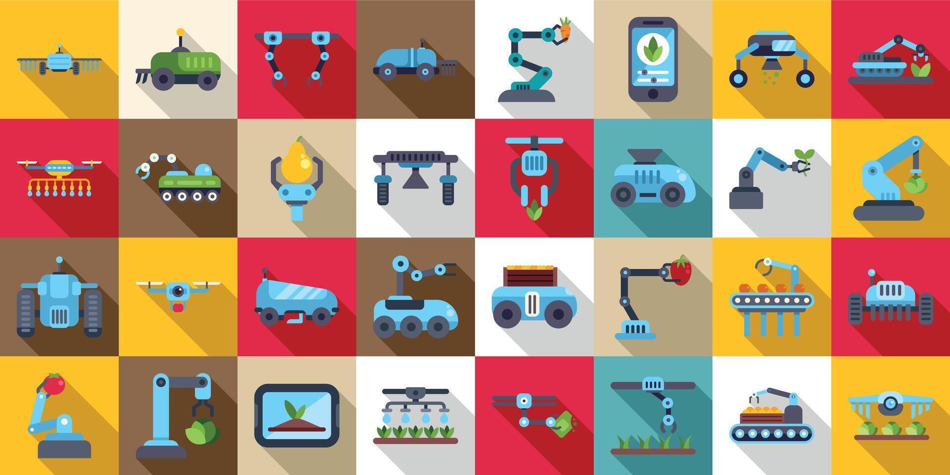 Robotics flat icons set with long shadow illustration vector