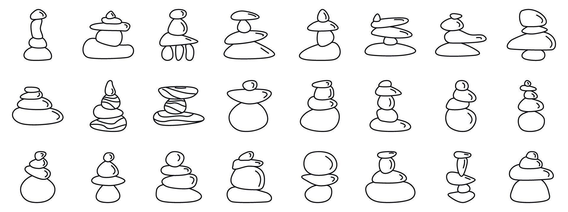 Balancing stone icons set. Hand drawn minimalist stone cairn illustrations vector
