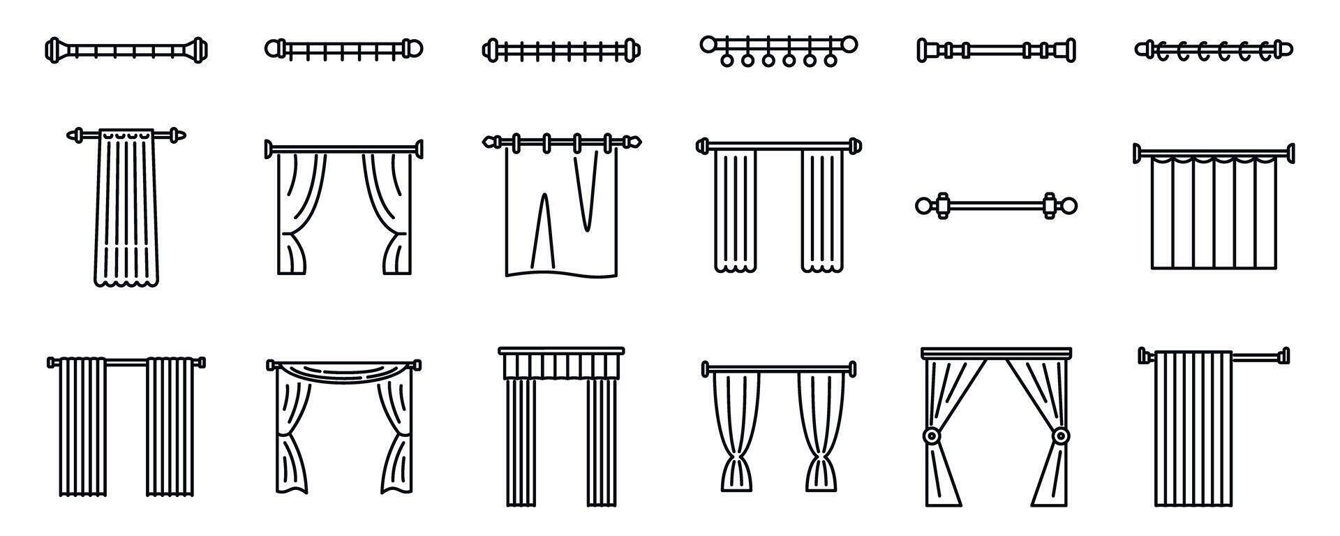 Cornice curtains icons set. Curtain rods and curtains, showing various styles and hanging methods vector