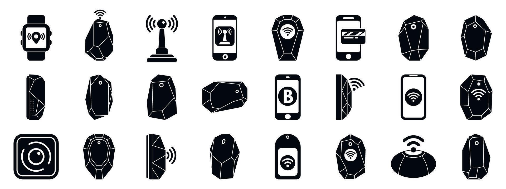 Beacon technology icons set. Beacons and smart tags connecting devices wirelessly, enhancing location tracking and item finding vector