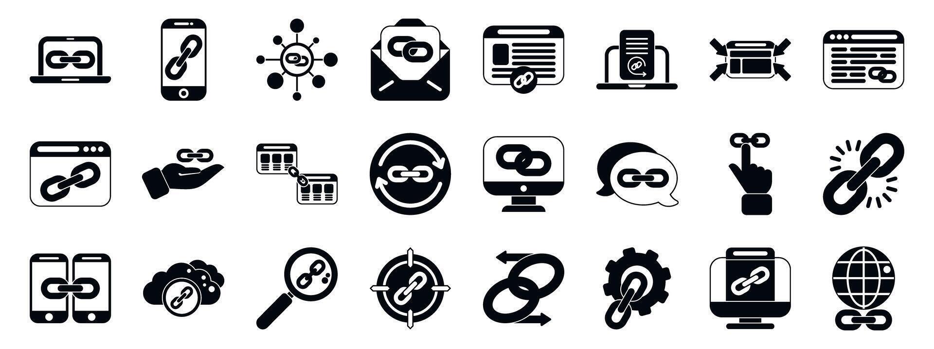 Backlink icons set. Hyperlink sharing and building connecting network data exchange icons set vector