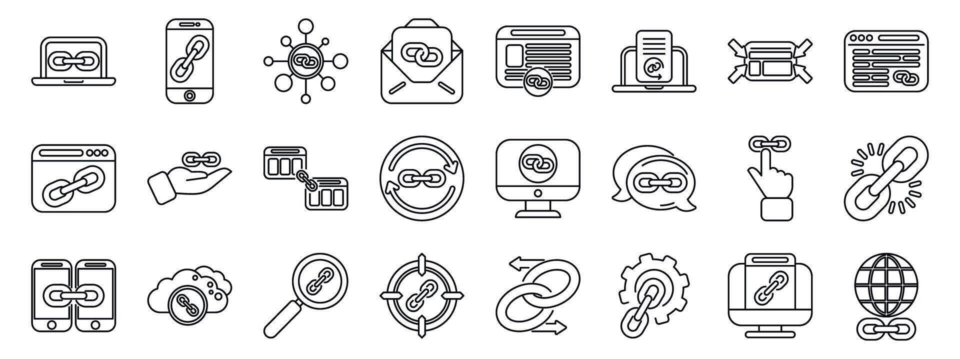 vínculo de retroceso íconos colocar. Hipervínculo íconos demostración conexión, sitio web, y compartiendo de en línea contenido vector