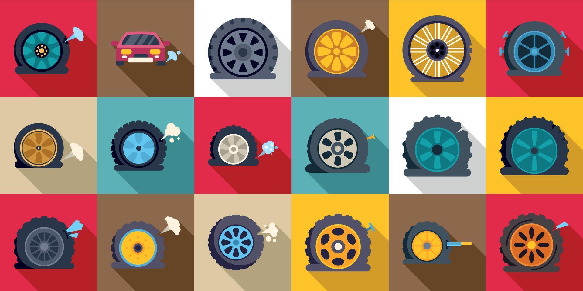 Punctured wheel icons set. Flat tire icons set showing various causes of damage and deflation, including punctures, blowouts, and impacts vector
