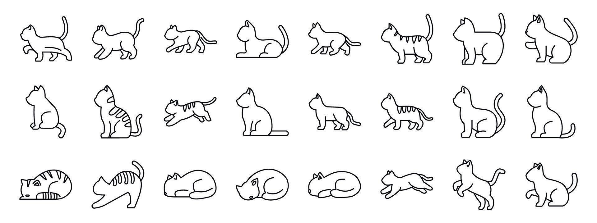 Behavior cat icons set. Collection of cat poses in simple line art showing different actions vector