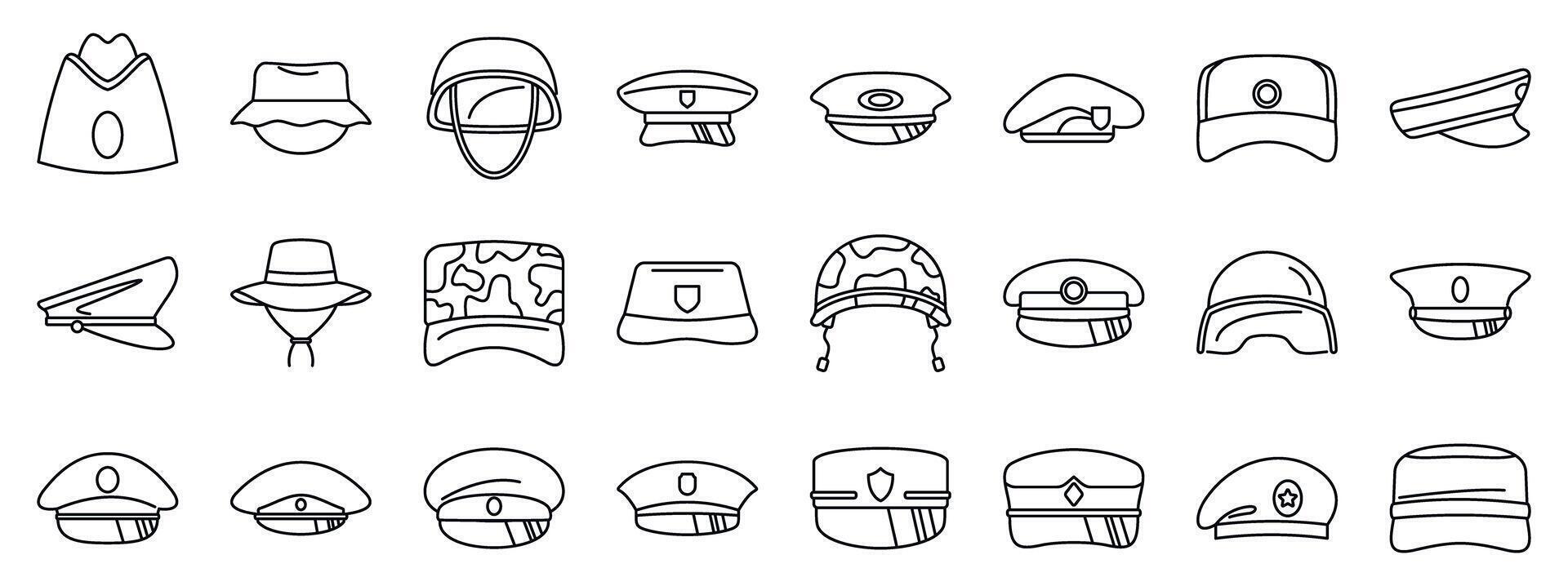 Military caps icons set. Military and police uniform hats showing hierarchy and roles vector