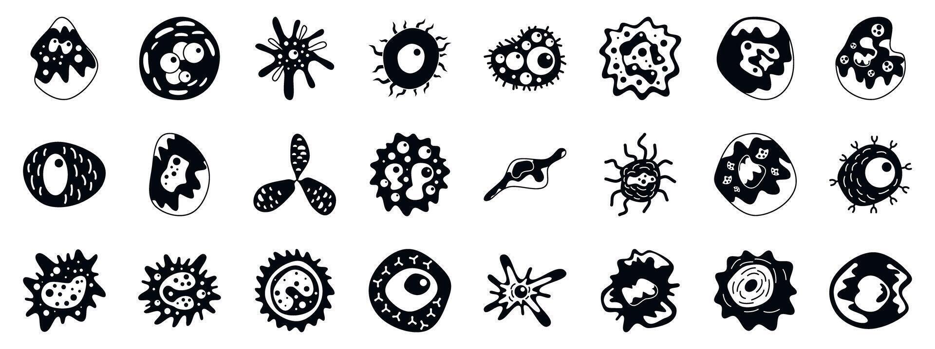 Immune system cells icons set. Virus and bacteria icons representing various microbial pathogens attacking human body vector