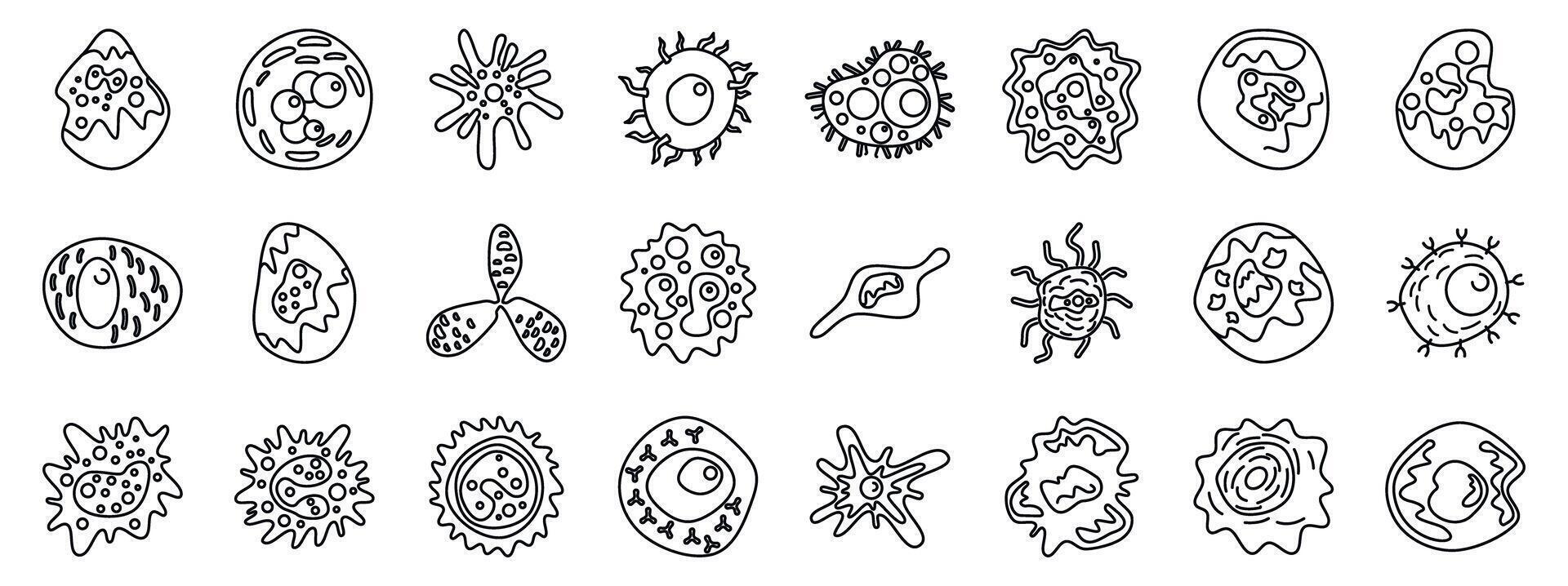 Immune system cells icons set. Set of various virus and bacteria cells, simple thin line icons collection vector