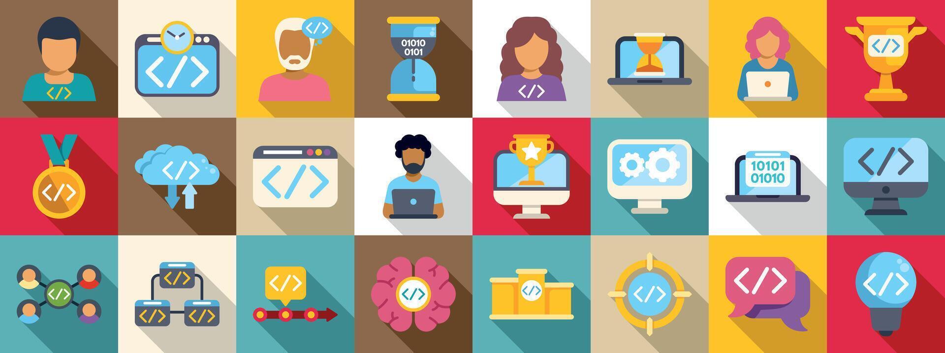 Hackathon icons set. Software development process icons representing coding, programming, and teamwork vector
