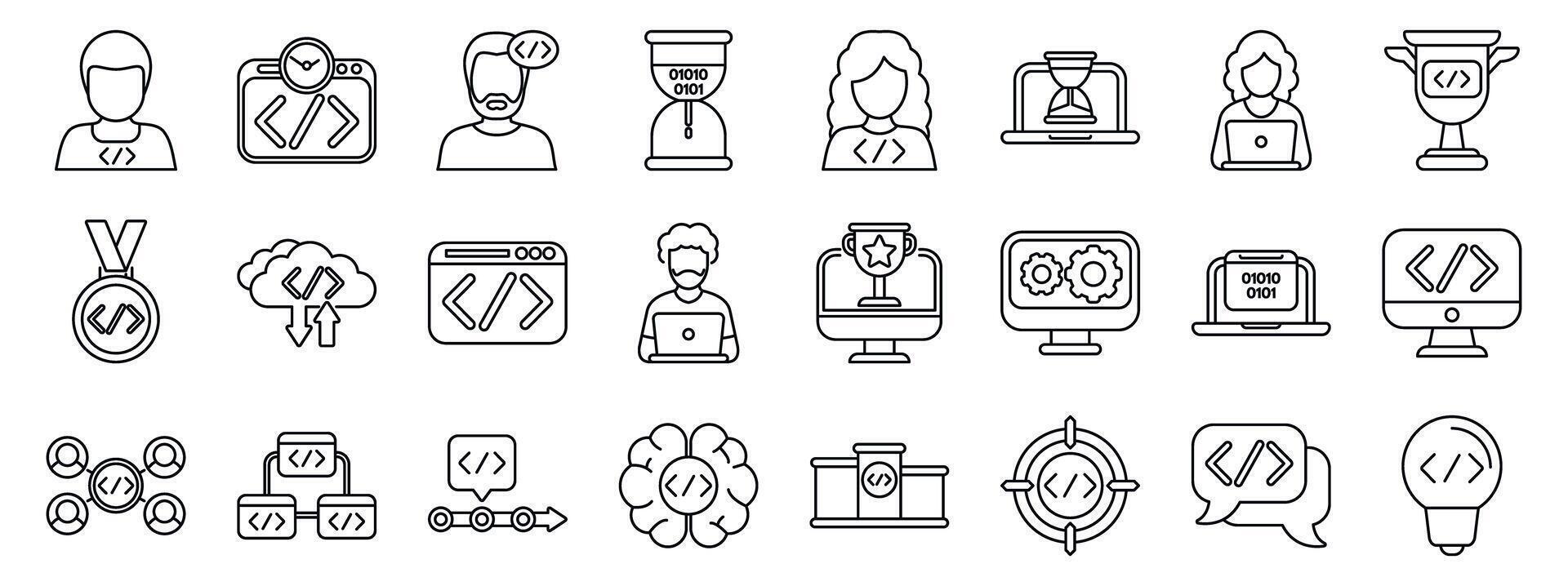 Hackathon icons set. Software development process and resources, programmers coding, testing, and achieving project goals vector