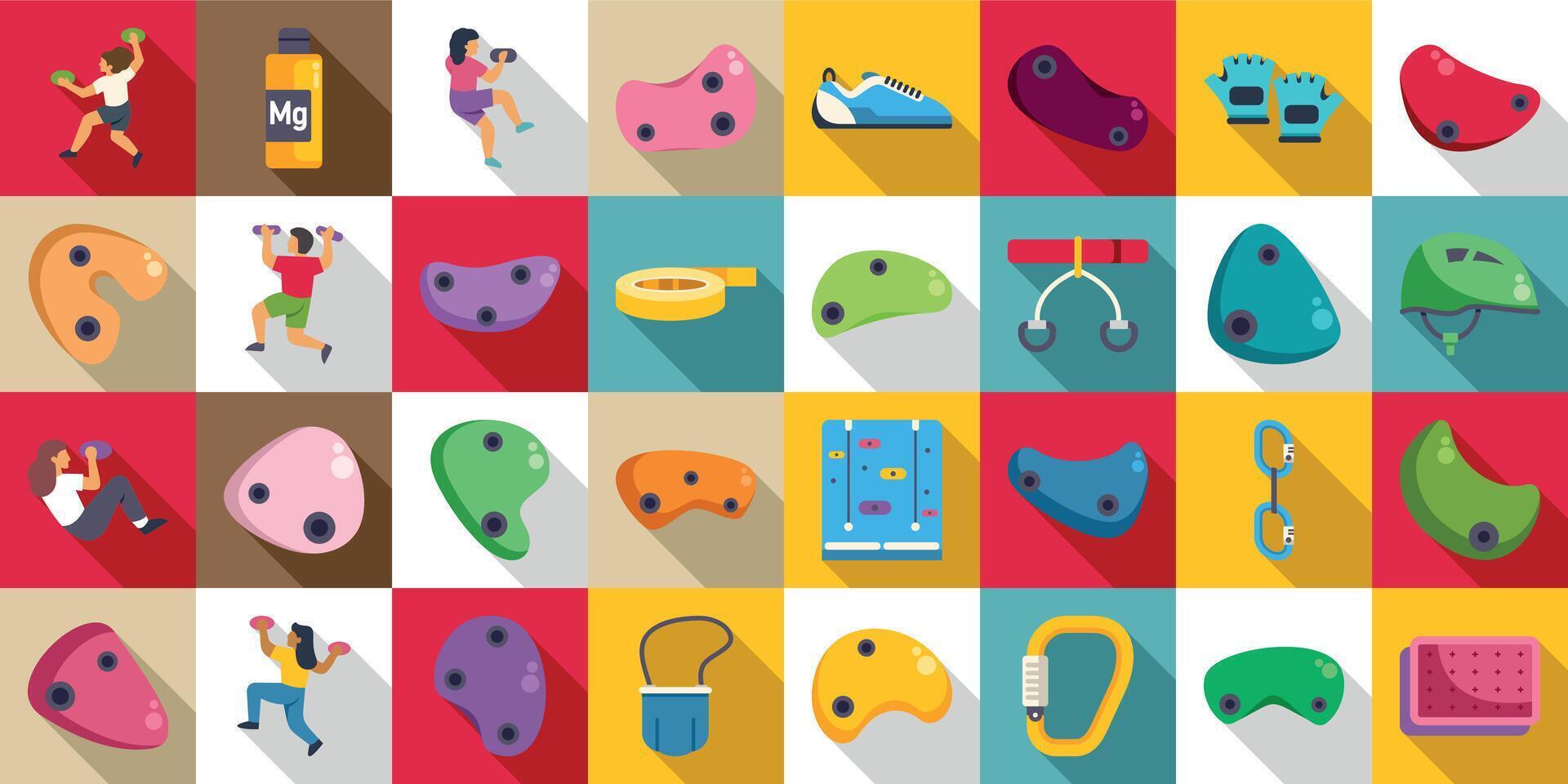 Bouldering gym icons set. Climbers practicing on climbing wall with various holds and equipment vector