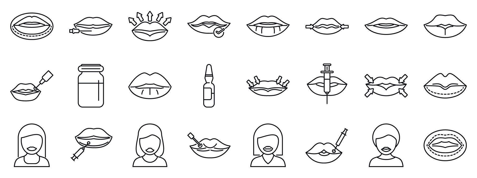 Lip injections icons set. Lip augmentation and enhancement, exploring cosmetic procedures for fuller lips vector