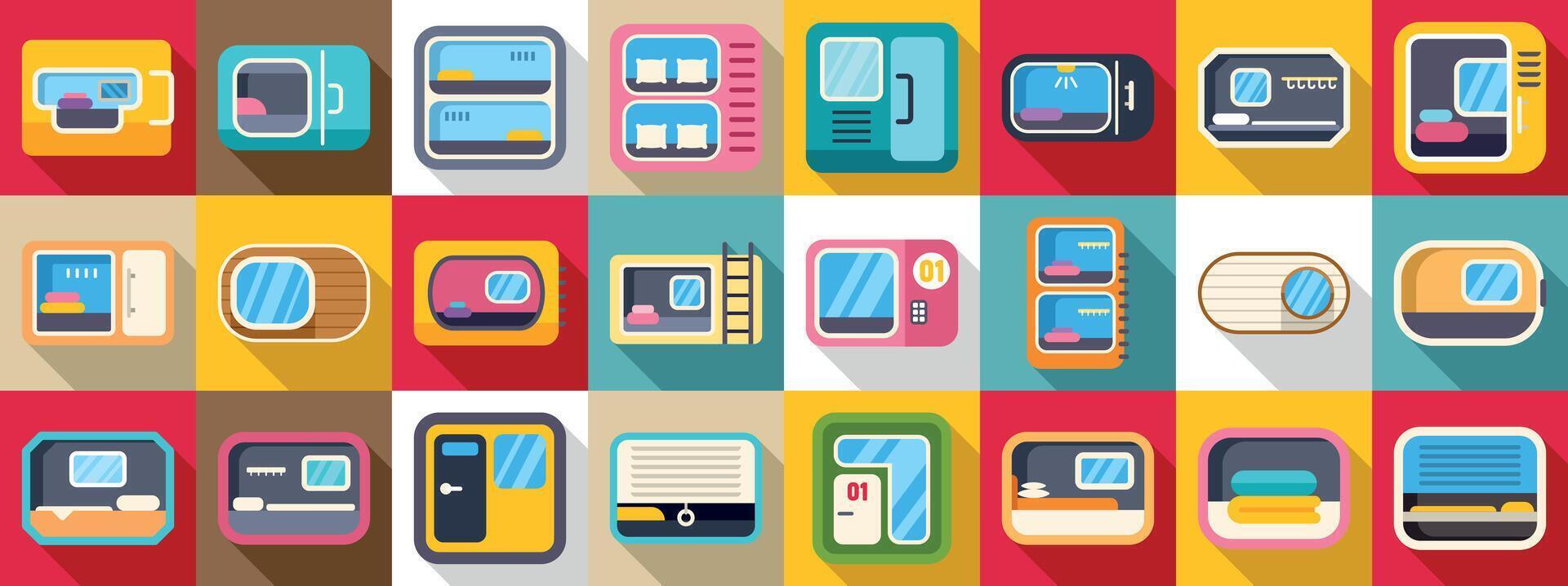 Capsule hotel icons set. Capsule hotel room icons showing modern accommodation vector
