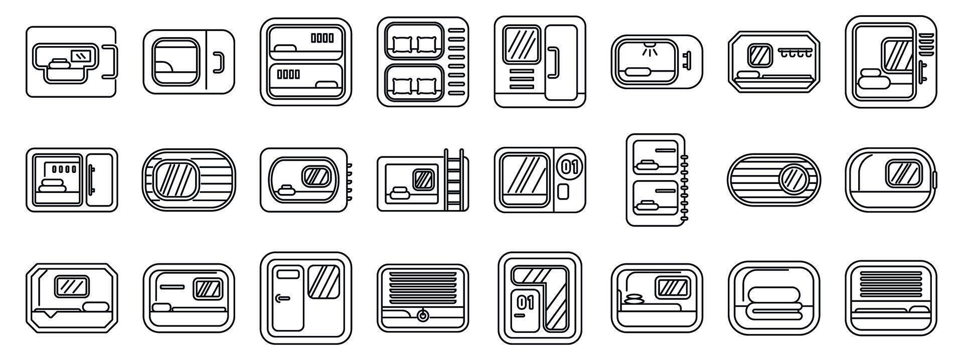 Capsule hotel icons set. Capsule hotel room icons showing different accommodation options vector