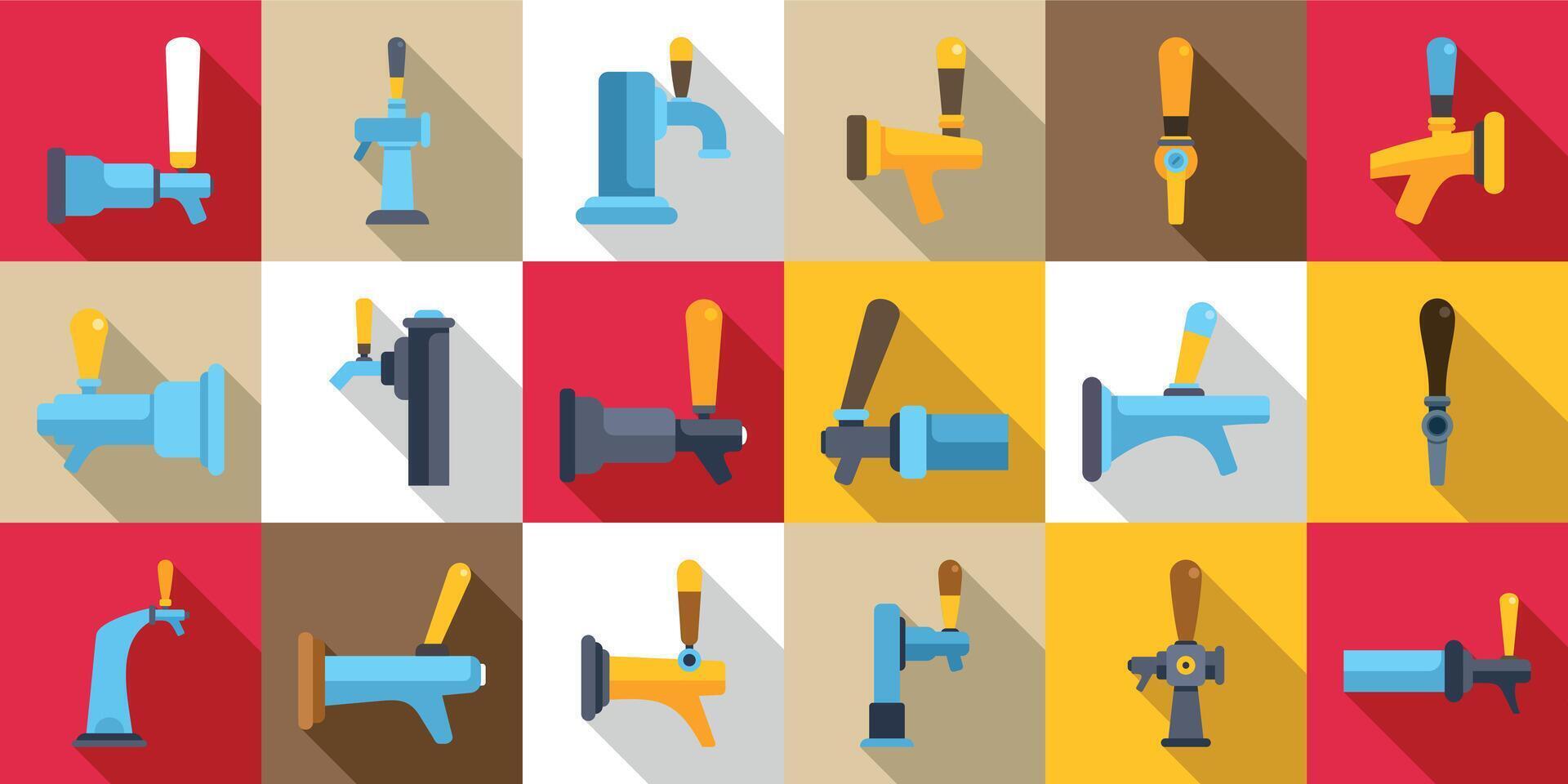 Beer taps icons set. Beer tap handles showing different styles and colors for dispensing draft beer vector