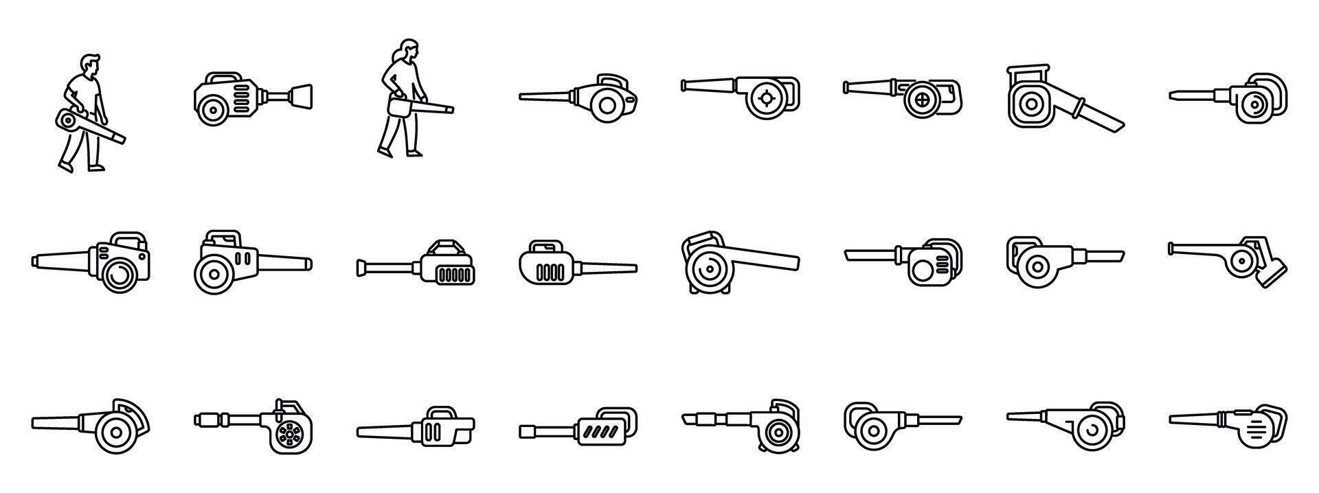 Blower leaves icons set. Gardeners using leaf blowers, cleaning leaves and debris with blower machine, blowing tools icons set vector