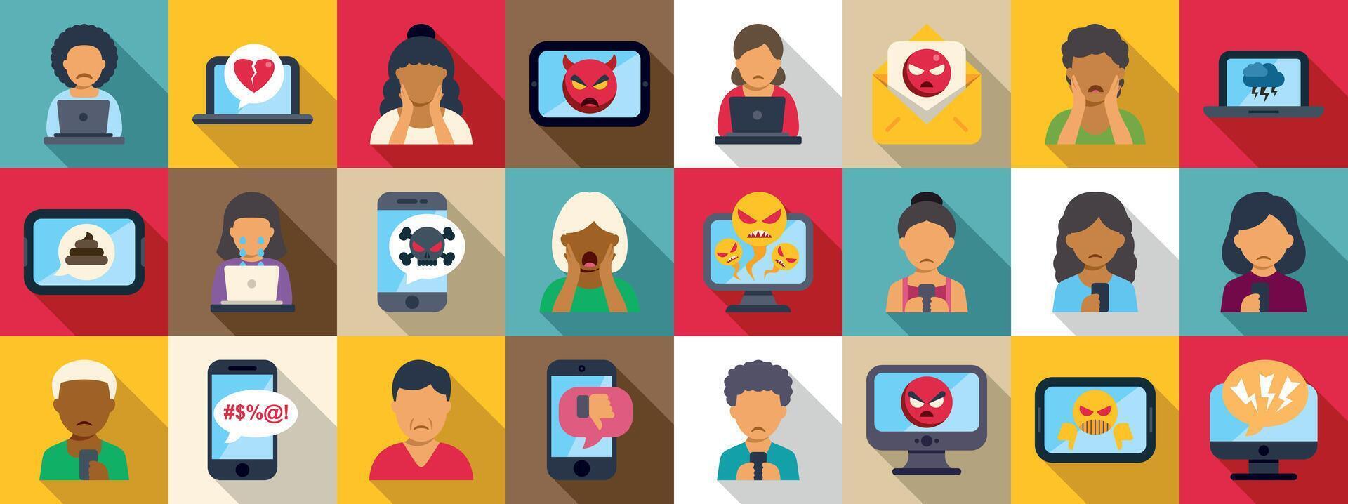 Cyber bullying harassment icons set. People experiencing cyberbullying, harassment, and online abuse vector