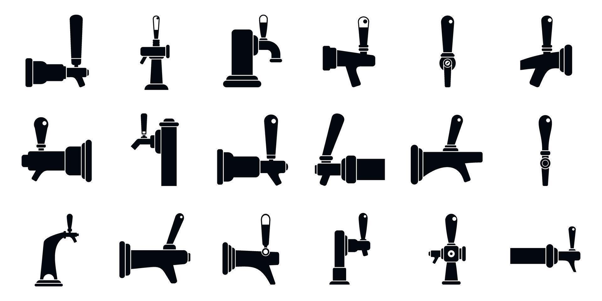 Beer taps icons set. Beer tap handles for dispensing refreshing beverages, a comprehensive set of icons vector