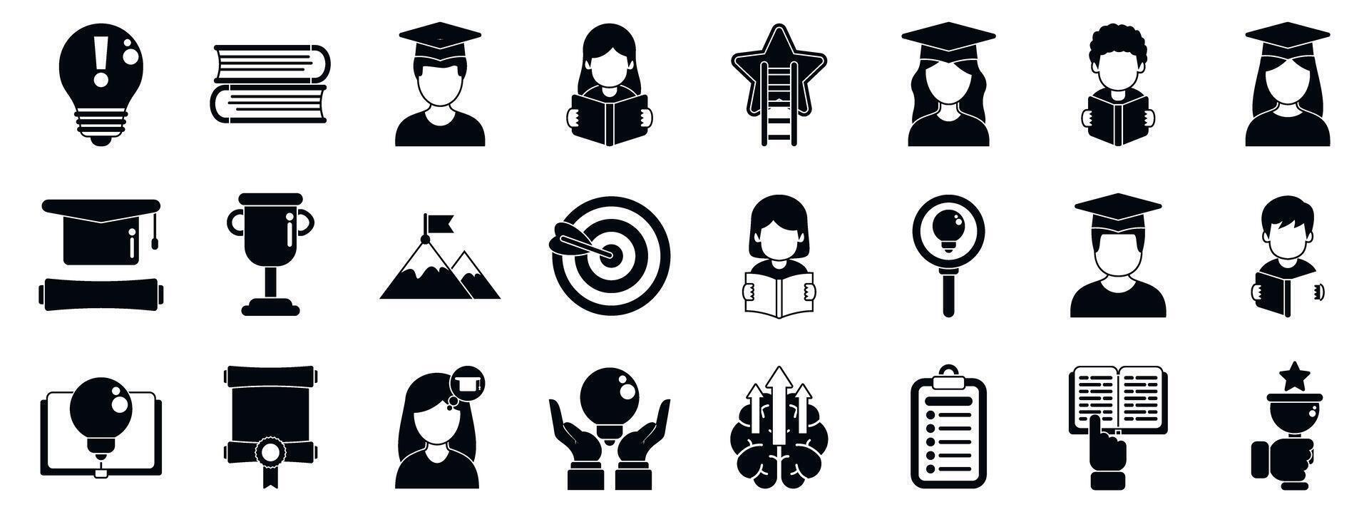 Motivation study icons set. Students achieving academic goals, gaining knowledge and reaching success vector