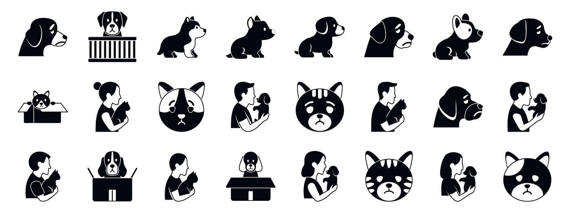 Homeless pet icons set. People holding and caring for cats and dogs, including sad pets in boxes vector