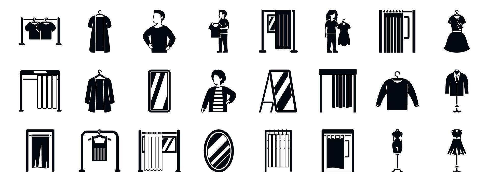 Fitting room icons set. Customers trying clothes and fashion designers presenting new dress collection vector