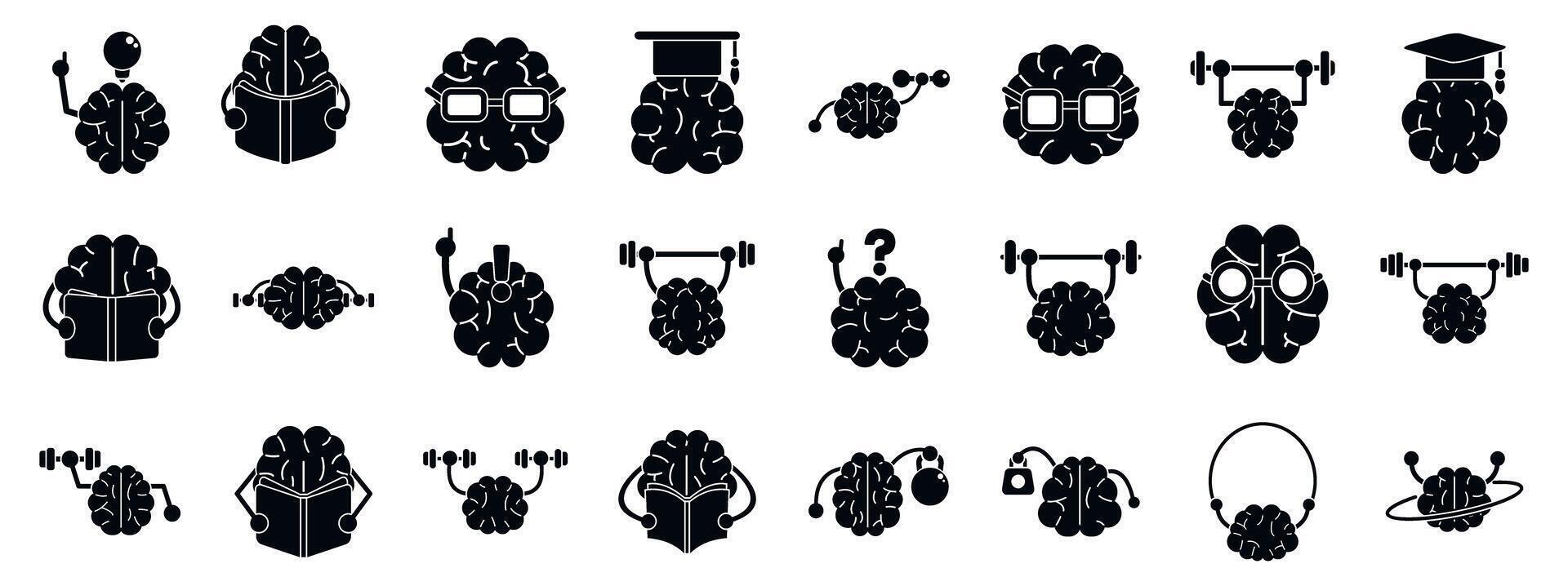 Train brain icons set. Brain training and learning icons showing mental activities vector