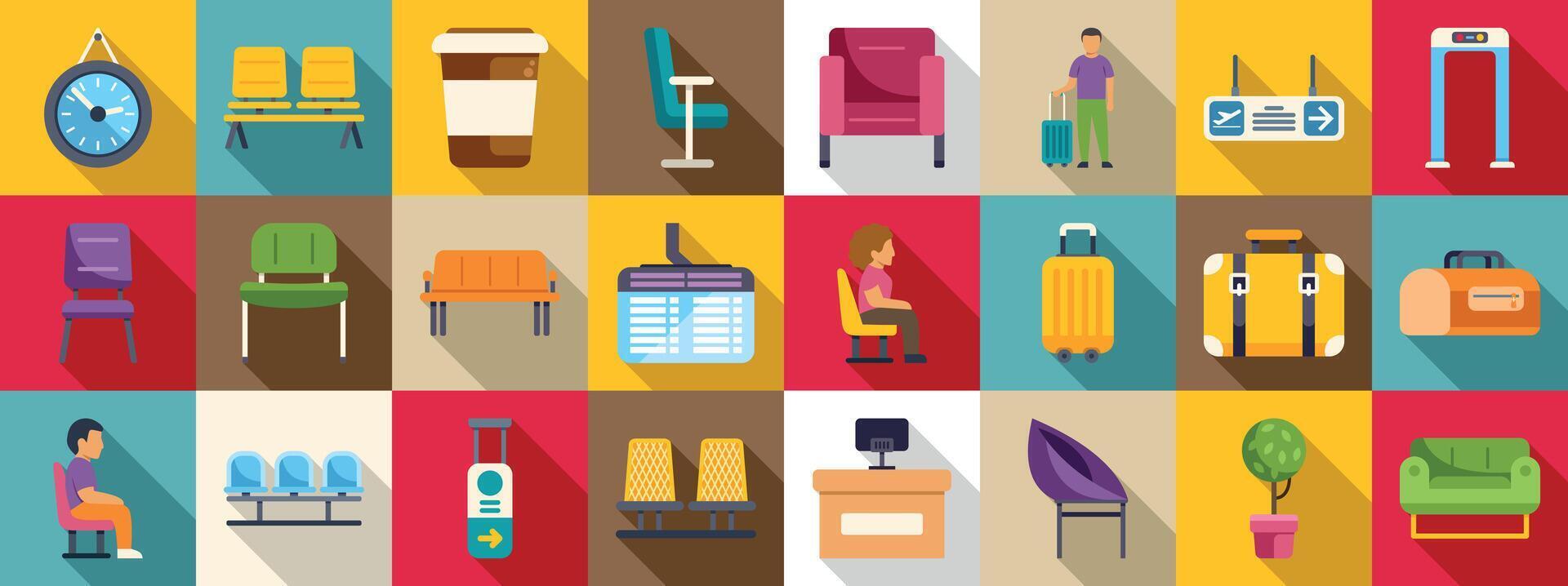 Airport waiting area icons set. Colorful airport travel icons and elements collection vector