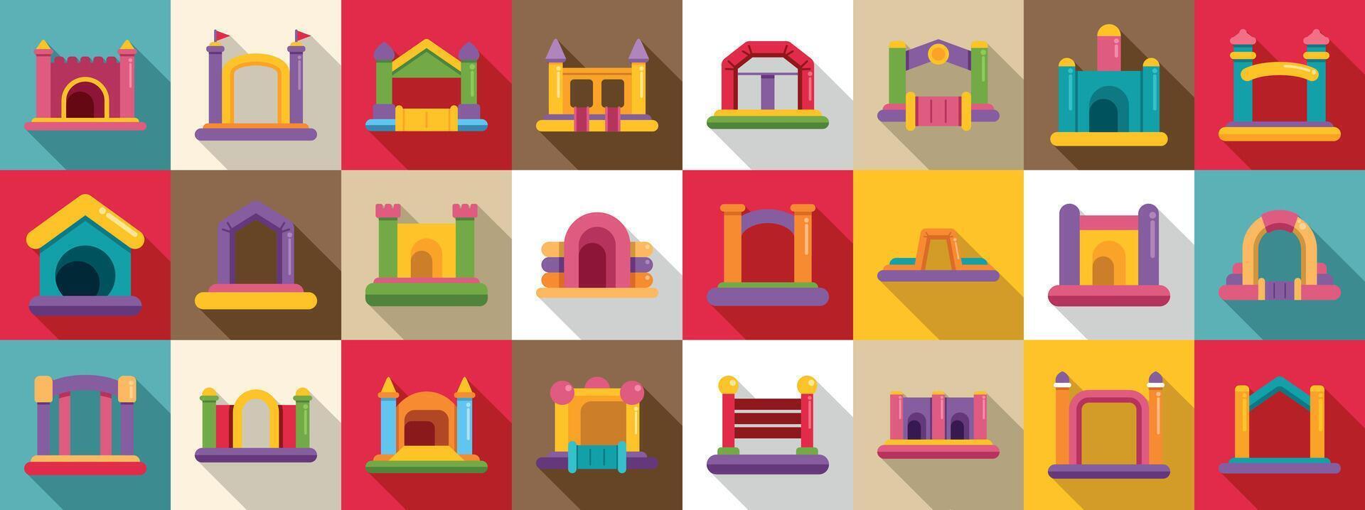 Inflatable bouncy house icons set. Inflatable bouncy houses providing joyful entertainment for children vector