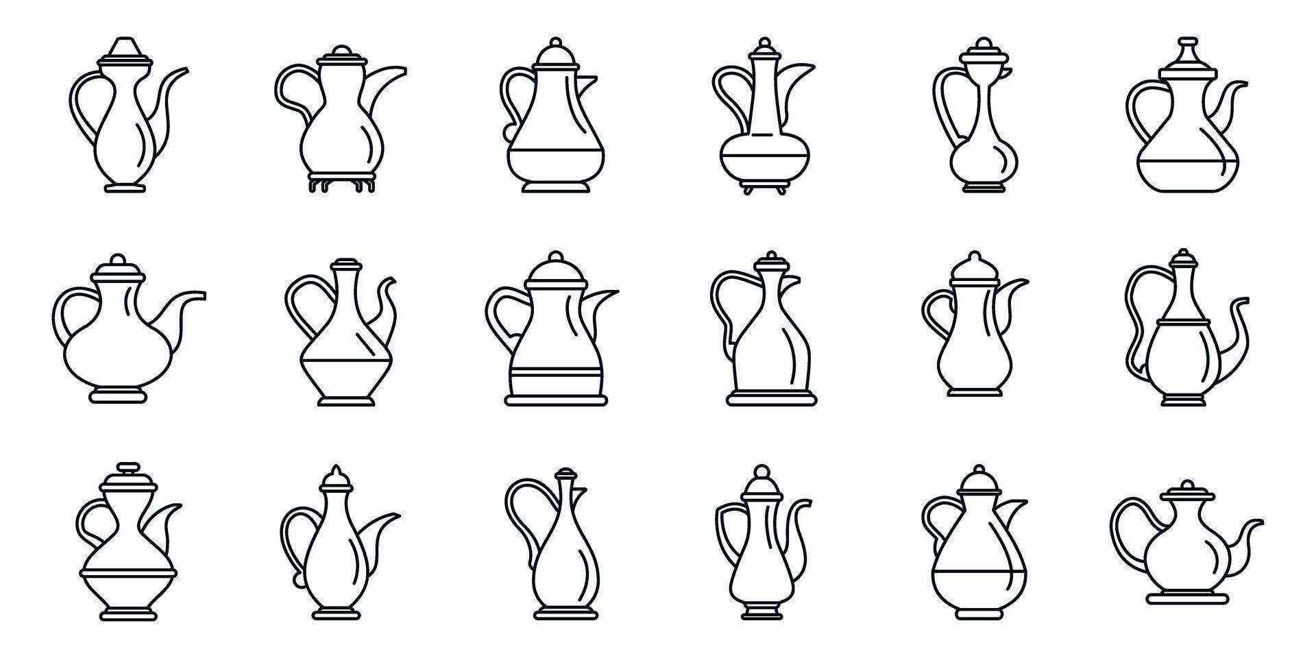 Old arabic teapot icons set. Arabic coffee pot collection featuring various designs and styles of dallahs vector